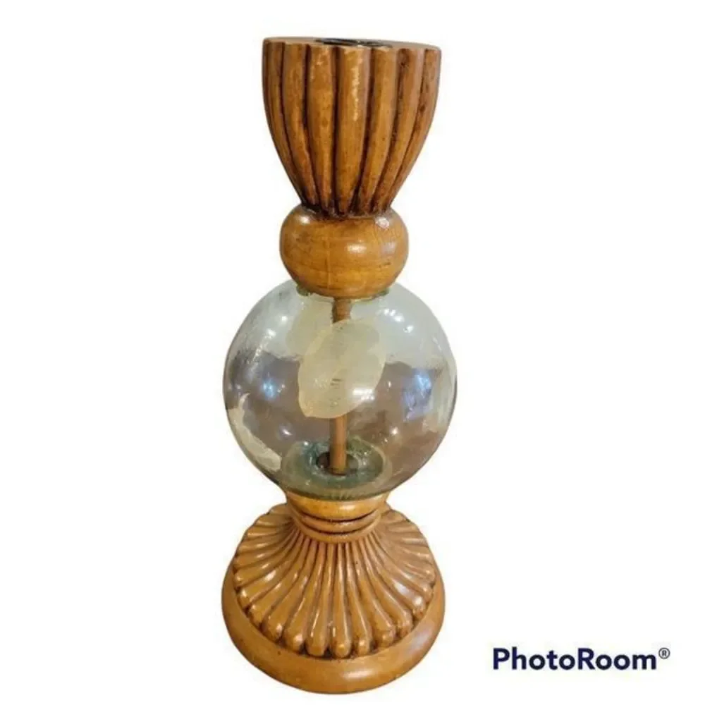 Vintage Wooden and glass‎ candle holder with leaves inside 13 in tall